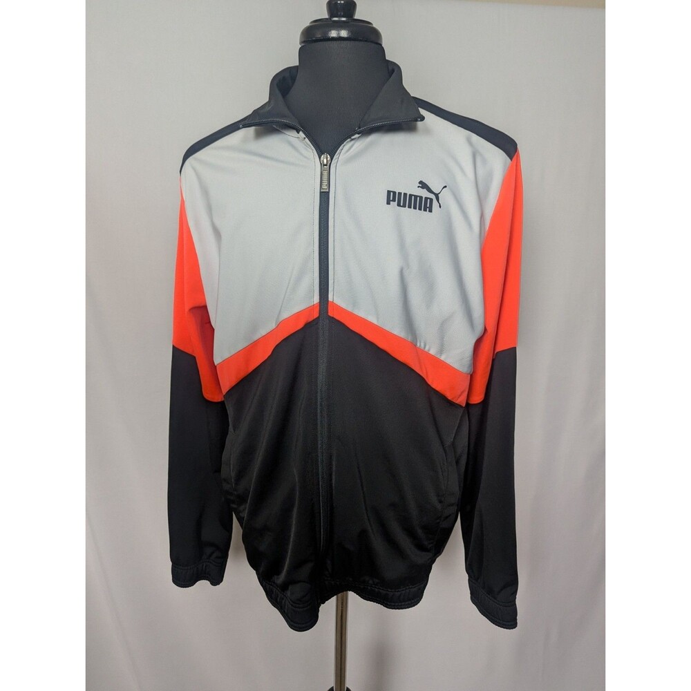 Puma Track Jacket Mens Orange Black White Logo Colorblock Pockets Full Zip Large